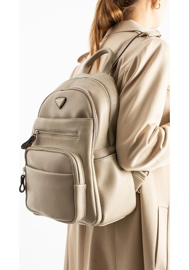 Vegan Deri Kadın Sırt Çantası 35 25 Cm Yağmur İtici Kumaş Mega Bag Günlük Kullanıma Uygun Krem