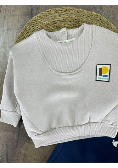 3 İplik İçi Şardonlu Armalı Kışlık Erkek Bebek Takım Kese Kağıdı Beyaz - Lacivert