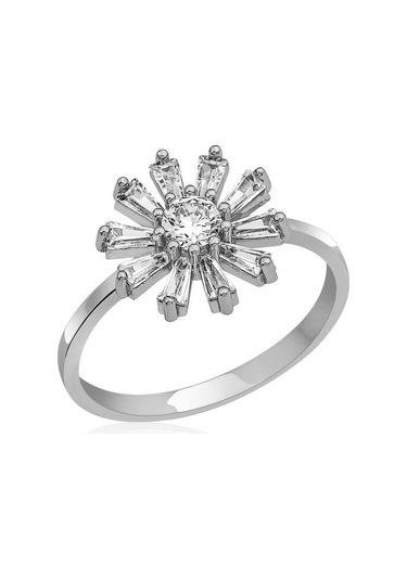 Gümüş Trapez Taşlı Çiçek Bayan Yüzük Gümüş