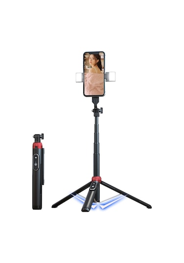Butu P160d-2 1,6 M Uzatılabilir Selfie Çubuğu Sabit Tripod Standı, Çift Dolgu Işığı Ve Kablosuz Bluetooth Uzaktan Kumanda İle