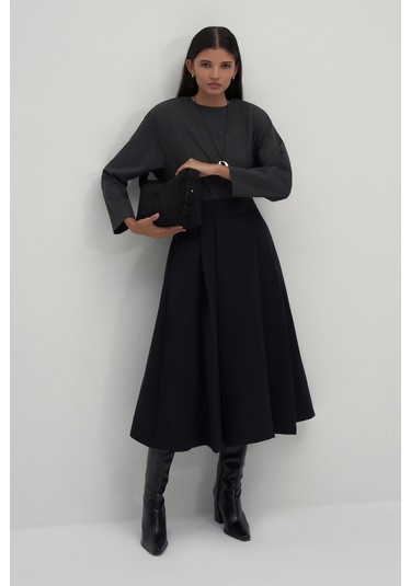 Siyah Volanlı Midi Etek Siyah