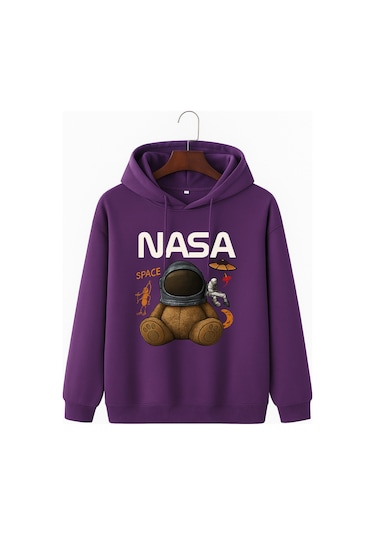 Kokina Unisex Nasa Ayıcık Baskılı Kapüşonlu Sweatshirt Mor