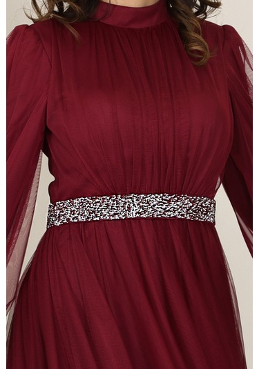 Alia Şık Taş Detaylı Büyük Beden Tesettür Abiye - Alya Bordo