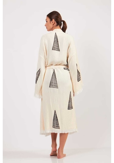 Befera Müslin Kimono Pamuklu Piramit Desenli Bornoz Kaftan Sabahlık Ekru