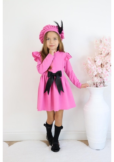 Kız Çocuk Pembe Sofia Pamuklu Fiyonk Detaylı Elbise Kep Abiye Takım Pembe