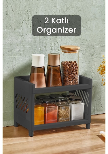 2 Katlı Mutfak Tezgah Üstü Rafı Çok Amaçlı Dolap Baharatlık Düzenleme Organizeri Antrasit