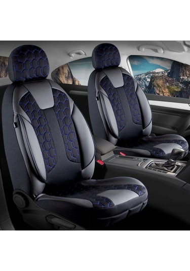Peugeot 306 Uyumlu Deri Detaylı Oto Koltuk Kılıfı Ön Arka Takım Cyrus Siyah Mavi