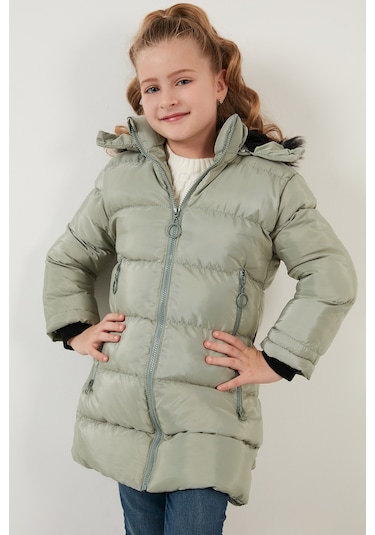 Lela Peluş Astarlı Yakası Suni Kürklü Çıkarılabilir Kapüşonlu Kışlık Kız Çocuk Mont 5766038 Mint