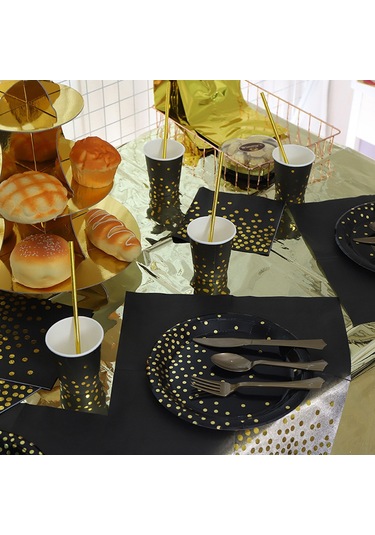 Kosona 10 Kişilik Mavi Altın Noktalı Tek Kullanımlık Parti Seti: Tabak, Servis Kağıdı, Bıçak-çatal-kaşık Ve Banner - Festivite Dekorasyonu