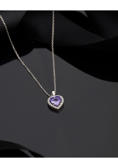 925 Ayar Ametist Taşlı Rodyum Pırlanta Görünümlü Kalp Gümüş Kolye Gümüş - Rodyum