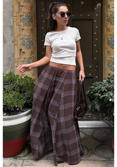Madmext Kahverengi Ekose Desenli Vintage Şifon Maxi Etek Mg2776