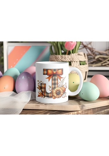 J Harfi Ekose Ve Sonbahar Temalı Kupa Bardak - Kişiye Özel Sıcak Tonlar Alfabe Kupa - Hediye Beyaz