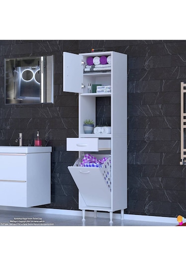 45x173x32,5 Cm 1 Çekmece, 1 Sepetli Göz Ve 3 Raflı Çok Amaçlı Akıllı Dolap Mutfak Dolabı Beyaz