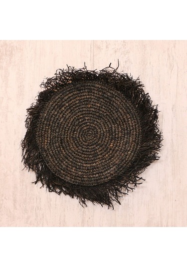 Çift Yön Örgü 40x40 Cm. Doğal Siyah Rafya Kırlent - Saçaklı Hali 63 Cm Siyah