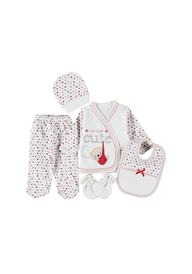 0-3 Aylık 5 Li Ayıcık Zıbın Seti Hastane Çıkış Seti %100 Pamuklu Kutusuz Kırmızı