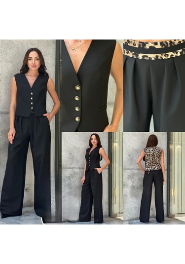 Trend Kadın Önü Düğme Kapamalı Arkası Leopar Desenli Bol Pantolon İkili Takım Siyah
