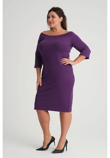 Kadın Mor Carmen Yaka Truvakar Kol Büyük Beden Esnek Krep Elbise-mor Mor