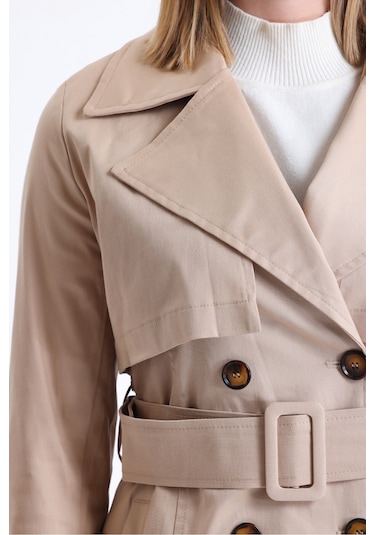 Pastelastore Esnek Pamuk Gabardin Midi 95cm Astarsız Kadın Trençkot 1118 Bej