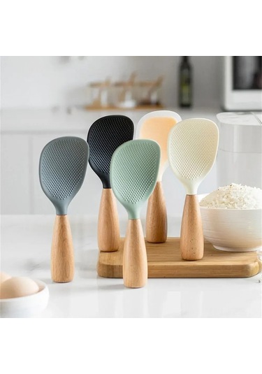 Fosenze Yemek Grubu Silikon + Ahşap Pişirme Kaşığı, Isı Dayanıklı, Dikey Konumlanabilir, Gri Renk, 1 Adet Pirinç Ve Yemek Servisi İçin