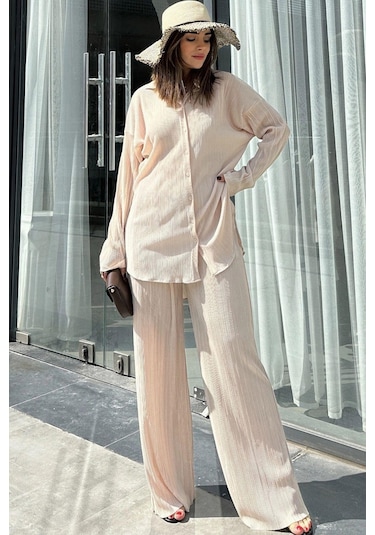 Kadın Bej Uzun Tunik Gömlek & Beli Lastikli, Bol Paça Pantolon - Salaş Bürümcük Takım Bej