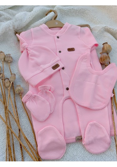 Kız Bebek Yeni Doğan Pembe 5 Parça Waffle Hastane Çıkışı Pembe