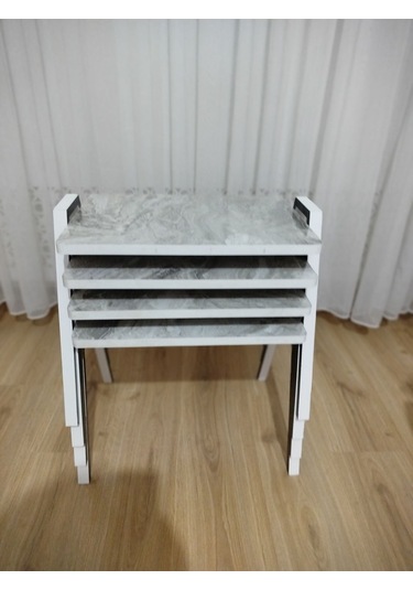 Zigon Sehpa 4'lü Mermer Desenli Tepsi Model Gri Mermer Desen Antrasit Ayak Gri Mermer