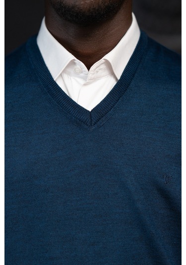 V Yaka Regular Fit Yünlü Kolsuz Triko Süveter İndigo