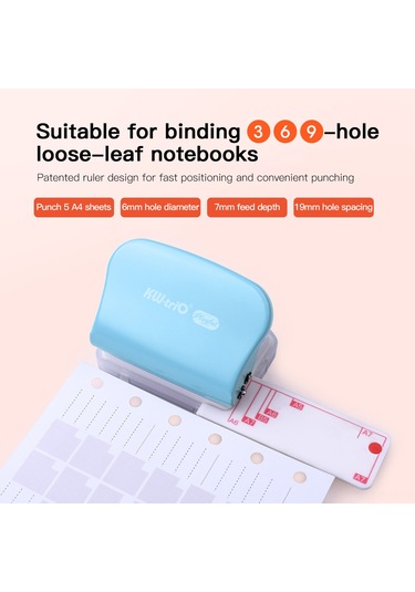 Aubyhe Kw-trio 3 Delikli El Matkapı, 6mm Çap, Metal+abs, 5 Kağıt Kapasitesi, Patenti Var Ölçü Çubuğu, Mavi, Çizelge/defter İçin Mavi