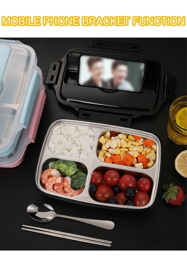 Pazly 304 Çelik Mikrodalgada Isınabilir 3 Bölmeli Taşınabilir Yemek Kabı - Kaşık+çubuk Hediyeli Siyah Siyah