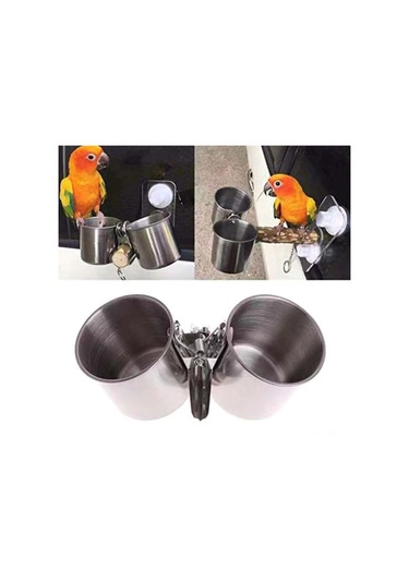 Yuntech01 Kuş İçme Yeme Aleti - Paslanmaz Çelik Kupa + Ahşap Çubuk - Tek Kupa - Kuş Yemleme Takımı