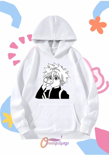 Çocuk Unisex Hunter Killua Anime Baskılı Oversize Kapüşönlü Sweatshirt BEYAZ
