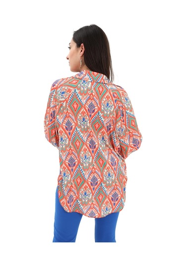 Reglan Kol Baskılı Saten Gömlek - Turuncu-turuncu Turuncu