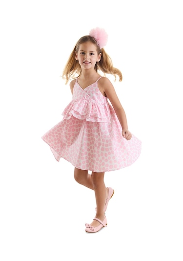 Denokids Mushi Pembe Puantiye Kız Çocuk Poplin Elbise Pembe