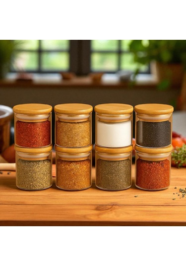 8'li 70 100mm Borosilikat Cam Baharatlık Seti - Sızdırmaz Silikonlu Bambu Kapak - 300 Ml X8 Beyaz