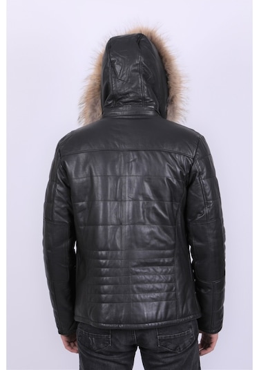 New Zaya Leather Erkek Kapüşonlu Şişme Deri Mont Siyah