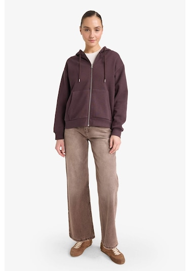 Defacto Relax Fit Kapüşonlu Basic Düz Kalın Fermuarlı Sweatshirt C1809ax25aubn340 Kahve-bn340