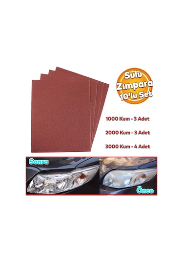 Araç Otomotiv Far Temizle Parlatma İnce Kalın Kum Su Zımpara Kağıt Set 1000-2000-3000 Kum 10 Adet