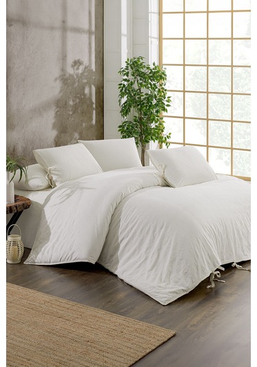 Dante Nakışlı %100 Pamuk Natürel Çift Kişilik Nevresim Takımı Beyaz Pudra