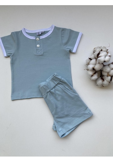 Key Kıds Soft Mavi Düğmeli Tshirt Şortlu Takım %100 Pamuk Tşört Çok Renkli