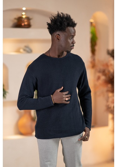 Regular Fit Likralı Kendinden Çizgili Mevsimlik Spor Kazak Lacivert