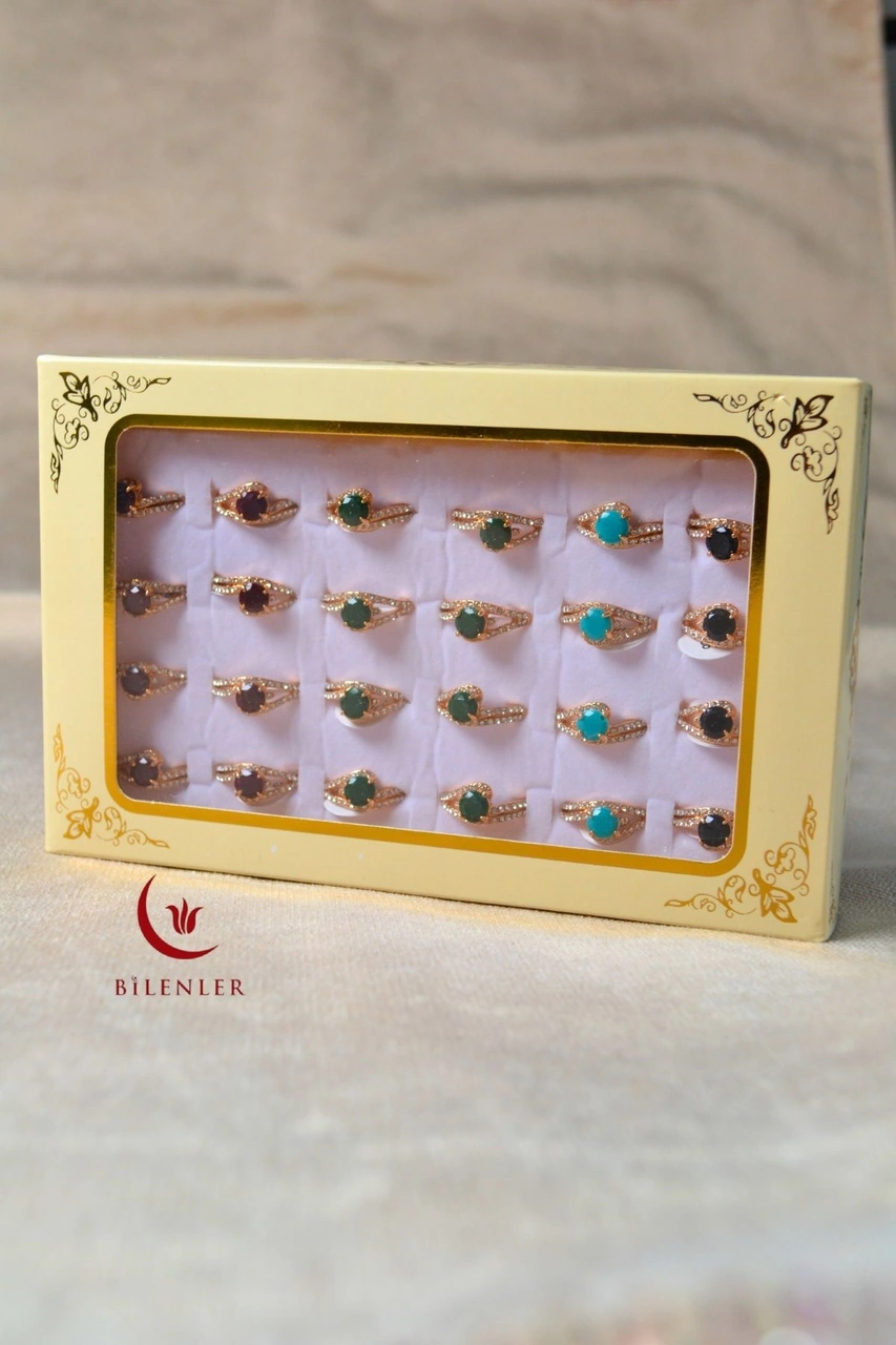 Kadın Renkli Taşlı Metal Yüzük Uzun Ömürlü,şık Tasarım 24 Lü Kutu Çok Renkli