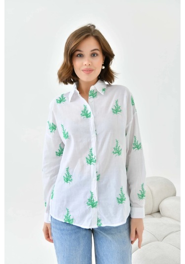 Kadın Yeşil Çiçek Nakış İşlemeli İnce Pamuk Gömlek Yeşil