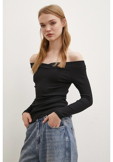 Kayık Yaka Bluz Siyah Siyah