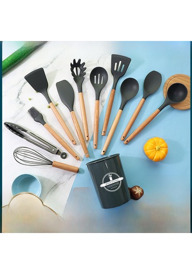 Fosenze Gıda Grubu Silikon Mutfak Gereçleri Seti 12 Parça: Tencere Kaşığ, Şorba Kaşığ, Teflon Uyumlu, Isı Dayanıklı, Derin Gri 700g Kova İçerir Toplu Satış Diğer