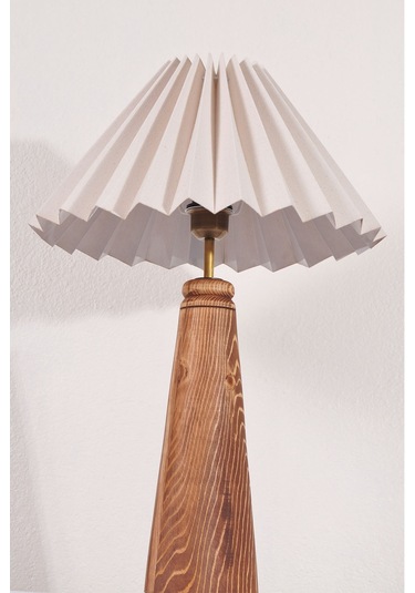 El Yapımı Ahşap Pileli Masa Lambası Abajur Krem  Krem Yükseklik Krem