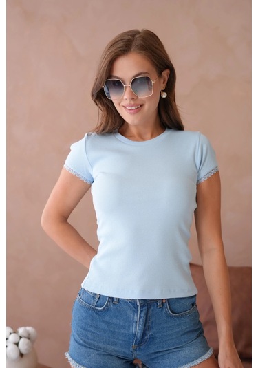 Dantel Detaylı Örme Body Bluz Mavi