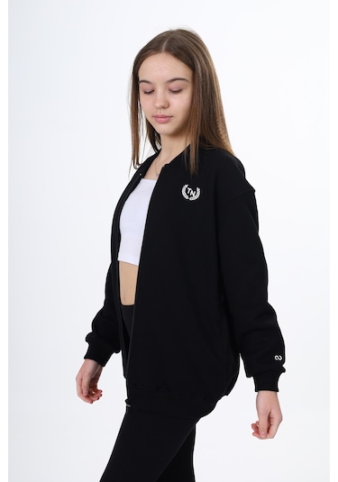 Toontoy Kız Çocuk Kolej Yaka Fermuarlı Cepli Düşük Omuz Baskılı Örme Hırka - 2 İplik Şardonlu Siyah