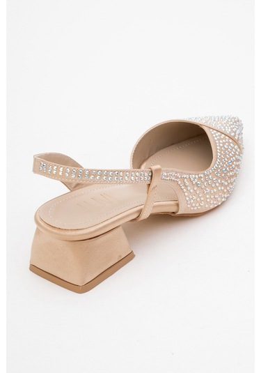 Sella Bej Saten Taşlı Kadın Kısa Topuklu Ayakkkabı Bej
