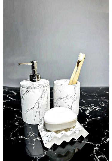 Betonmall Mermer Efekt Sıvı Sabunluk Seti Beyaz