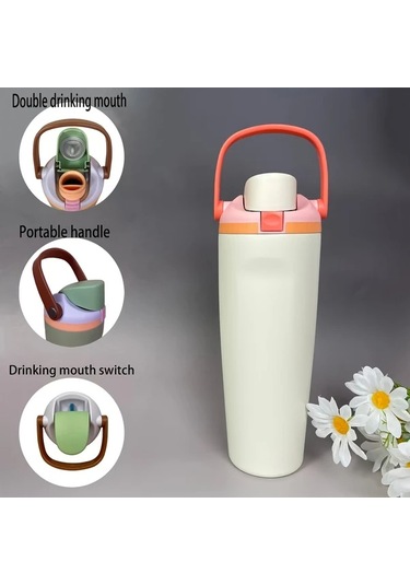 Brightnova Style 6 30oz 900ml Büyük Kapasiteli Paslanmaz Çelik Termos Matara Spor Seyahat 07 Beyaz